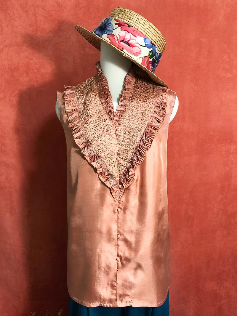 Ruffled glossy sleeveless vintage shirt / VINTAGE - เสื้อเชิ้ตผู้หญิง - เส้นใยสังเคราะห์ สีส้ม