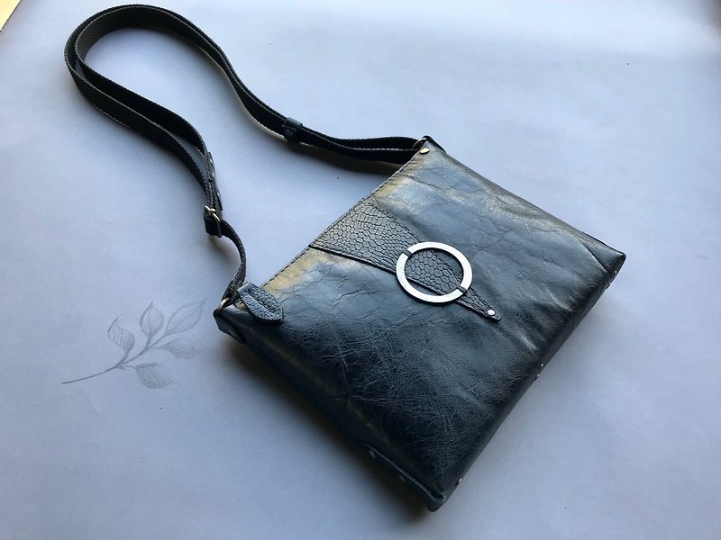 POPO Ice Crack Black - Side Backpack - Messenger Bags & Sling Bags - Genuine Leather Black