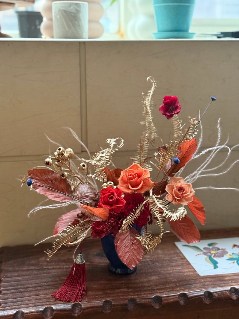 永生盆花 乾燥盆花 新年桌花 過年盆花 新居落成 陞遷祝福 開幕花 - 乾燥花/永生花 - 植物．花 紅色