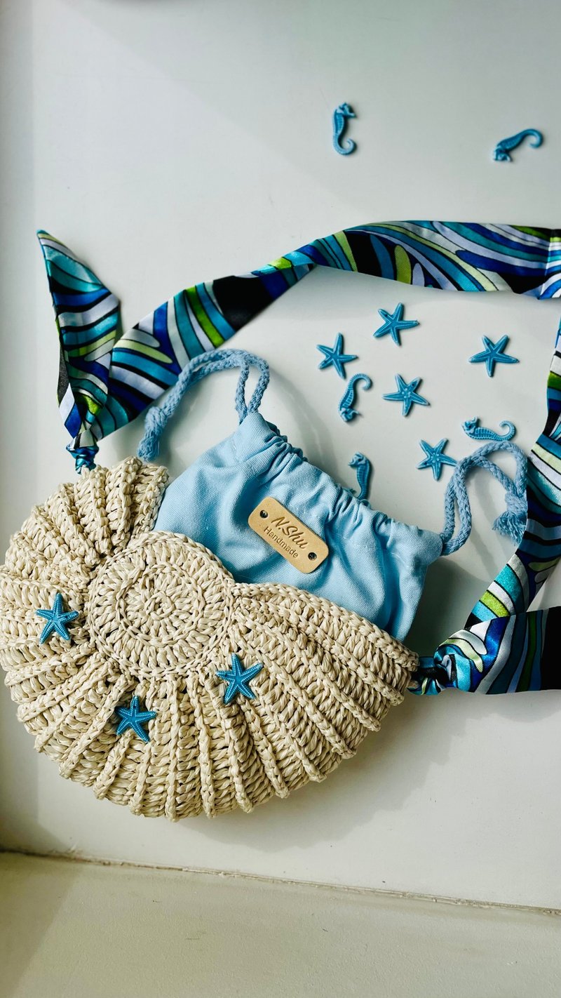 Cream raffia shell bag, seashell bag, bag handmade crochet - 手提包/手提袋 - 聚酯纖維 卡其色