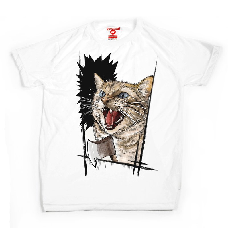 Angry cat Soft unisex men woman cotton mix Chapter One T-shirt - 男 T 恤 - 棉．麻 白色