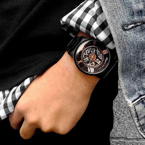 米朵貝菈．時光的禮物 RELAX TIME 質感帥氣機械錶款-黑X玫瑰金 (RT-61X-3)