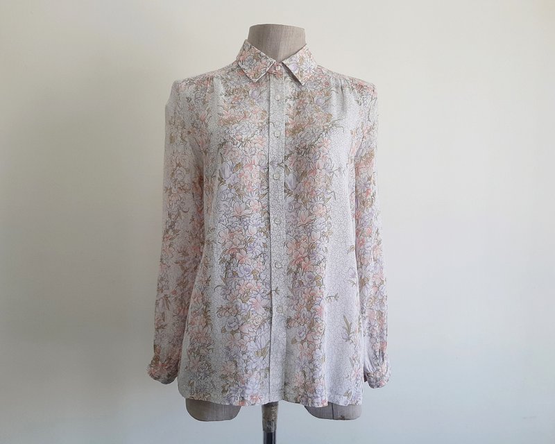Small Vintage White Purple Floral Shirt Womens Long Sleeve Cotton Blouse S - 女上衣/長袖上衣 - 棉．麻 白色