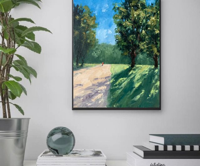 オリジナルの木風景グリーン油絵キャンバス上の道路絵画