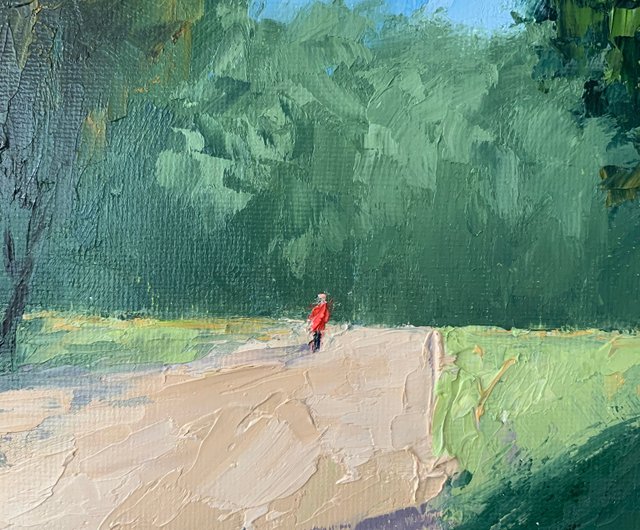 オリジナルの木風景グリーン油絵キャンバス上の道路絵画インパスト