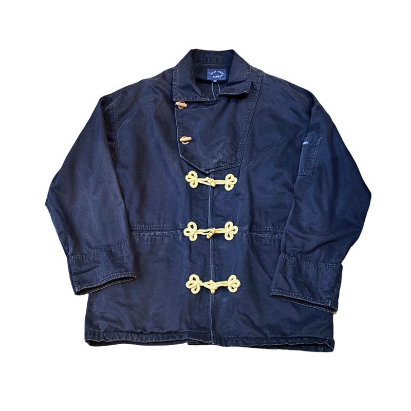 French blue navy jacket with Linen and wooden buttons - เสื้อโค้ทผู้ชาย - ผ้าฝ้าย/ผ้าลินิน สีน้ำเงิน