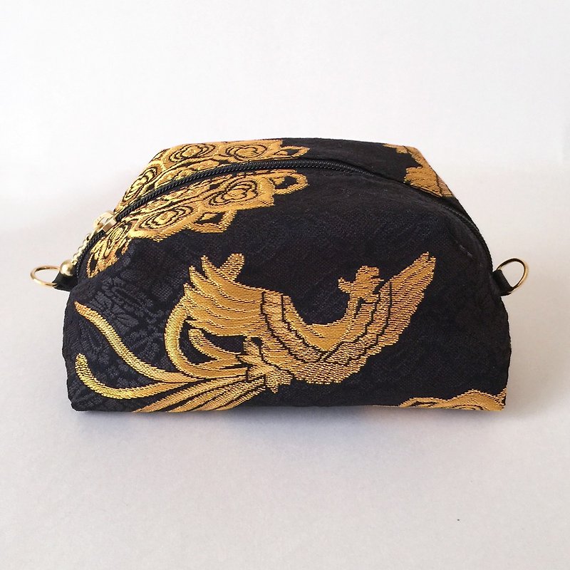 Pouch with Japanese Traditional Pattern, Kimono (Medium) "Brocade" - Toiletry Bags & Pouches - Other Materials Black