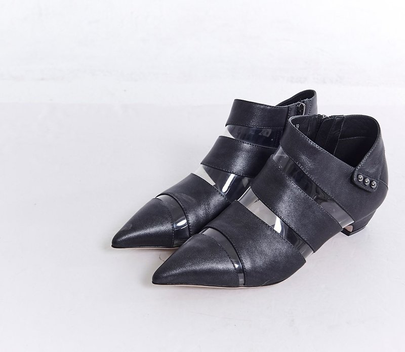 Cross transparent thick heel booties black - Women's Booties - Genuine Leather Black