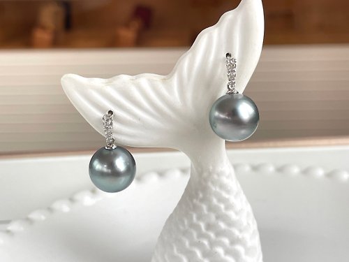 Athena珍珠設計 天然海水珍珠 大溪地鉑金灰 藍綠炫彩 18K白金 耳環