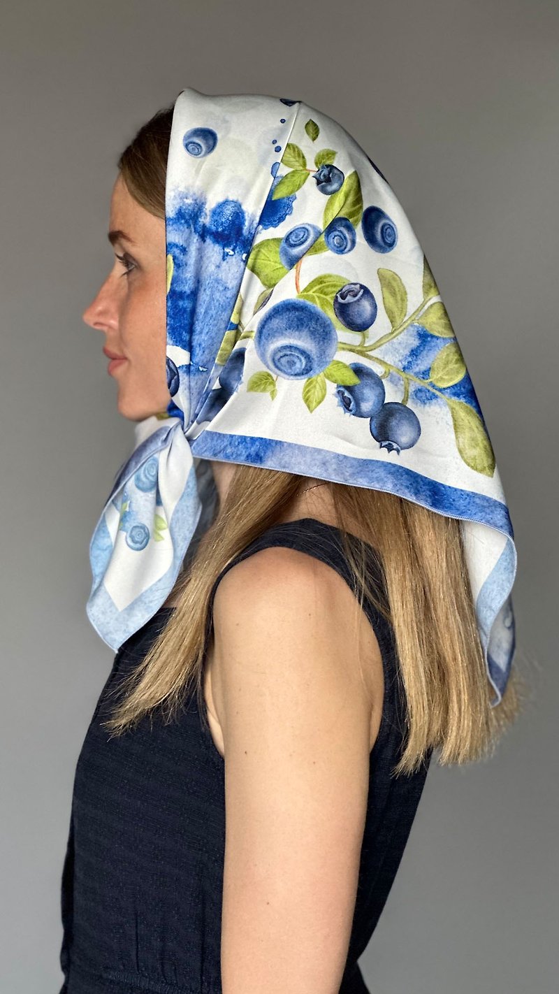 Delicate Blueberry Print Satin Shawl Women Original Design Hair Accessory Gift - ผ้าพันคอ - ผ้าไหม สีน้ำเงิน
