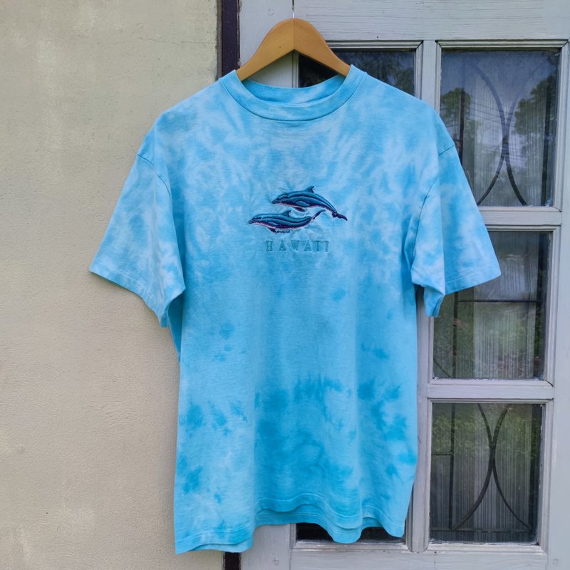 Vintage 90s Habitat Hawaii Dolphin Tie dye T Shirt - 男 T 恤 - 棉．麻 藍色