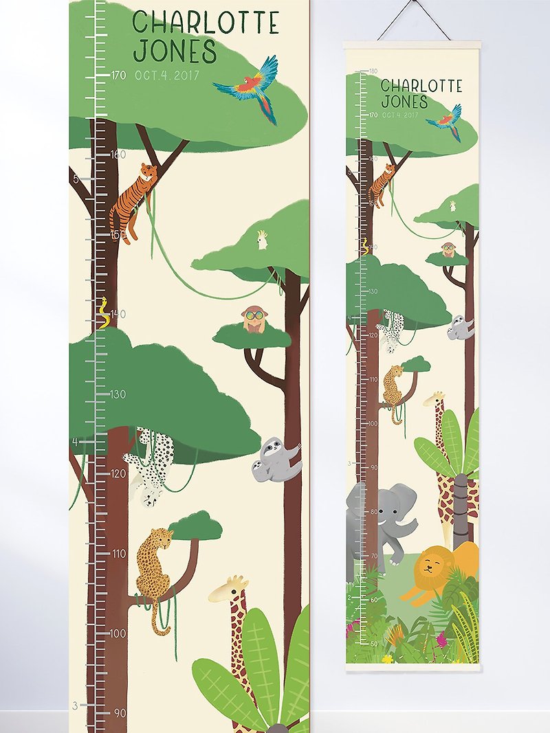 Personalise Jungle, Lion, Leopard, Sloth, Parrot, Elephant themed height chart - Posters - Cotton & Hemp 