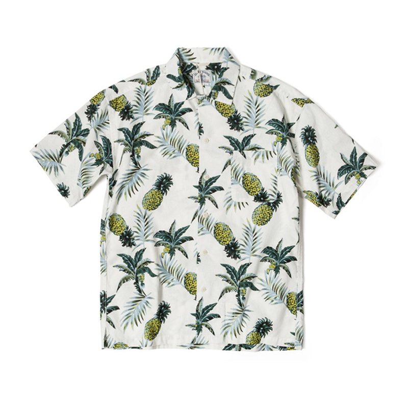 ISLAND SCOUTS 全棉復古夏威夷襯衫 - 白色鳳梨印花 - 男襯衫/休閒襯衫 - 棉．麻 白色