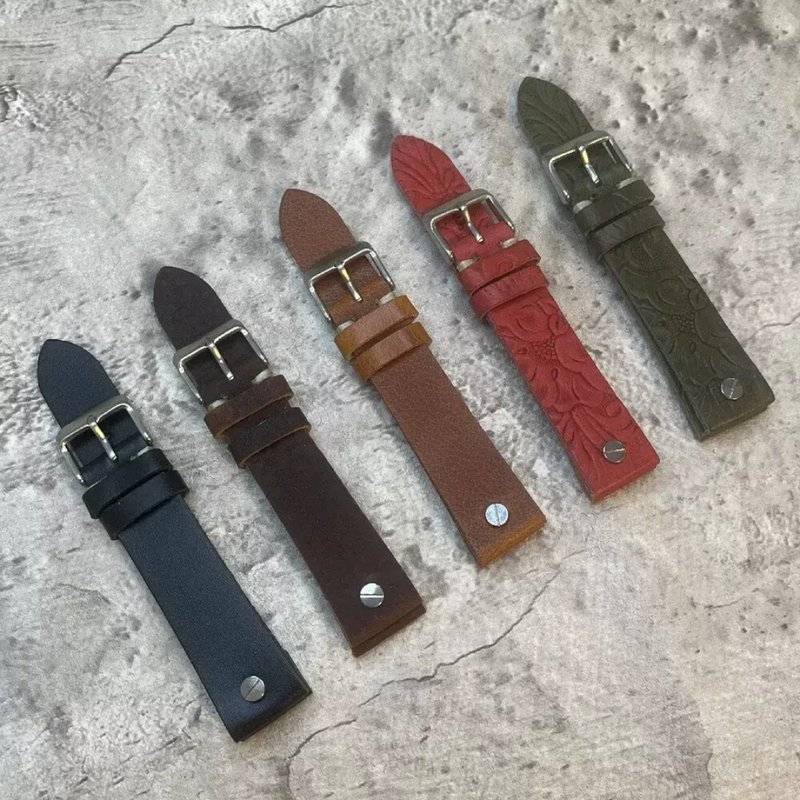 Timeless Watchband 螺絲扣 雕花紋真牛皮革錶帶 20MM 紅 墨綠 - 錶帶 - 真皮 多色