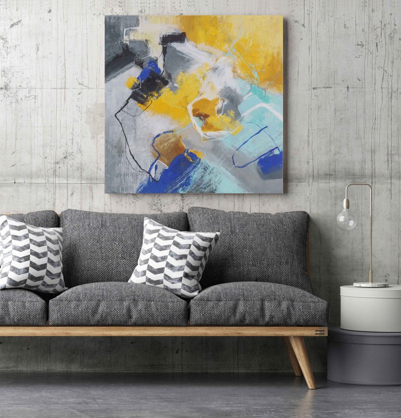 Blue Yellow Painting | Blue Yellow Abstract | Blue Yellow Art | Warm and Cold - 壁貼/牆壁裝飾 - 棉．麻 黃色