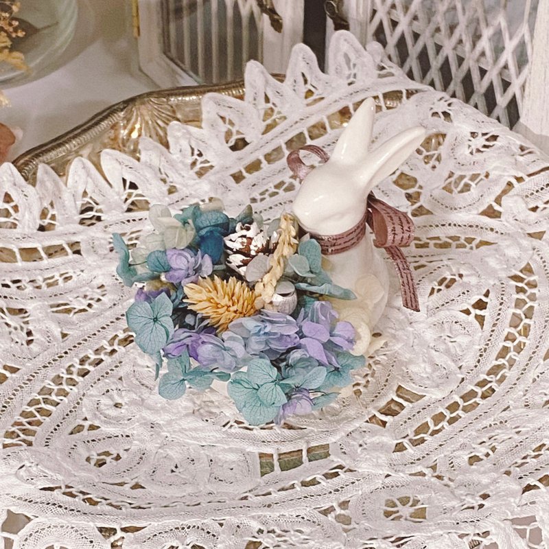 畢業禮物・緞帶白兔紫陽花・陶瓷小花盆擺飾 - 乾燥花/永生花 - 植物．花 粉紅色