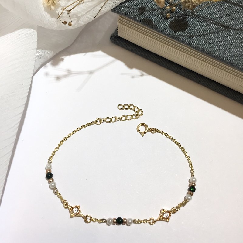 14K gold-green natural sand Stone four Mountain star pearl bracelet bracelet bracelet 14KGF - Bracelets - Precious Metals Green