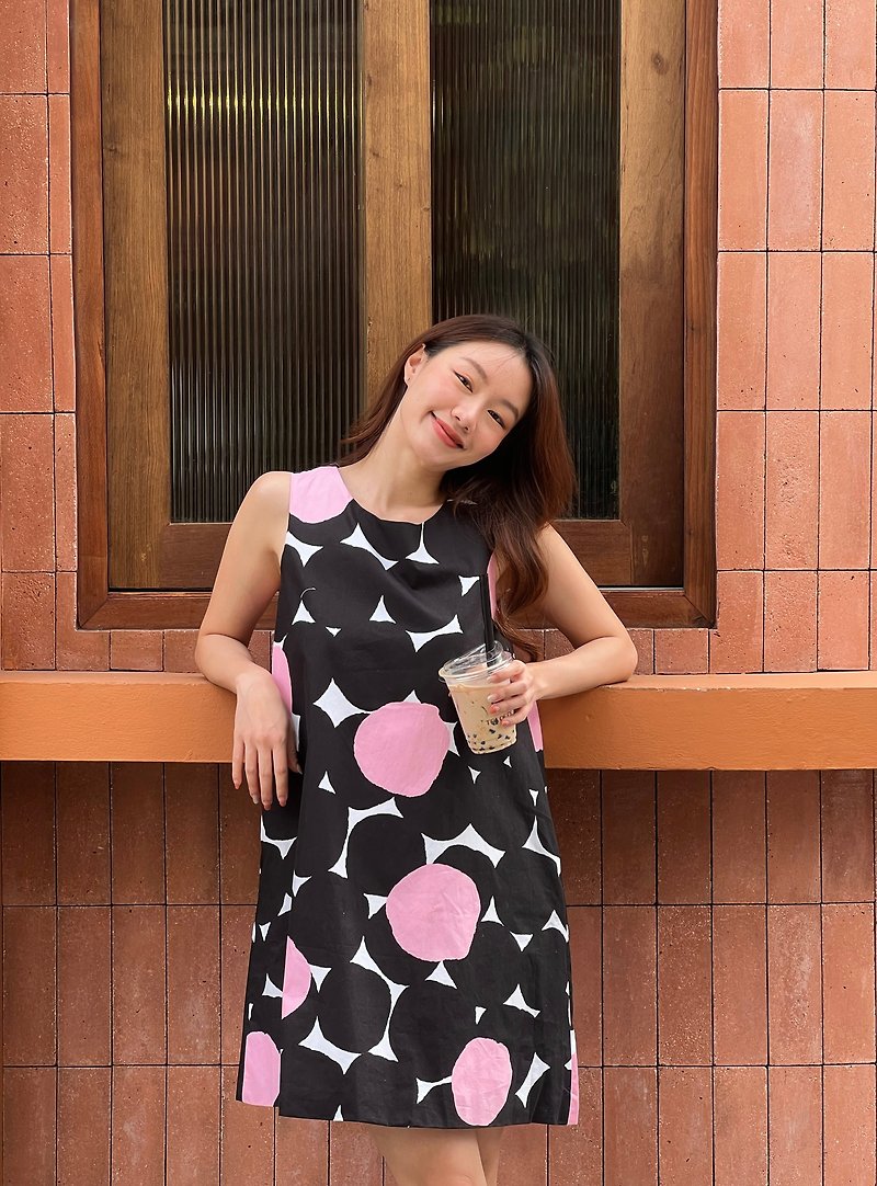 BIRUCHU A-LINE DRESS - Boba (Black Pink Dot) - One Piece Dresses - Cotton & Hemp Black