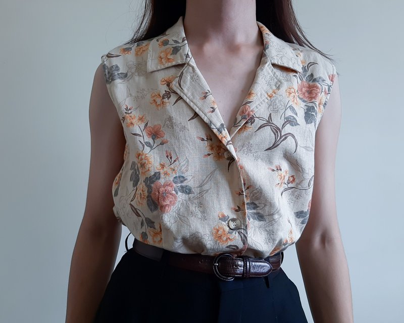 復古亞麻棉質花卉無袖上衣 RAFAELLA 鈕扣上衣 L 碼襯衫 - 背心/無袖上衣 - 棉．麻 卡其色