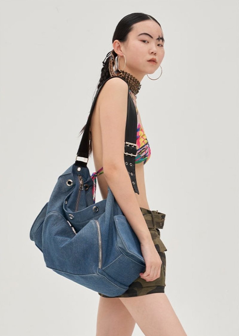 Metal Tannin Crossbody Bag Oversized Capacity - Messenger Bags & Sling Bags - Cotton & Hemp Blue