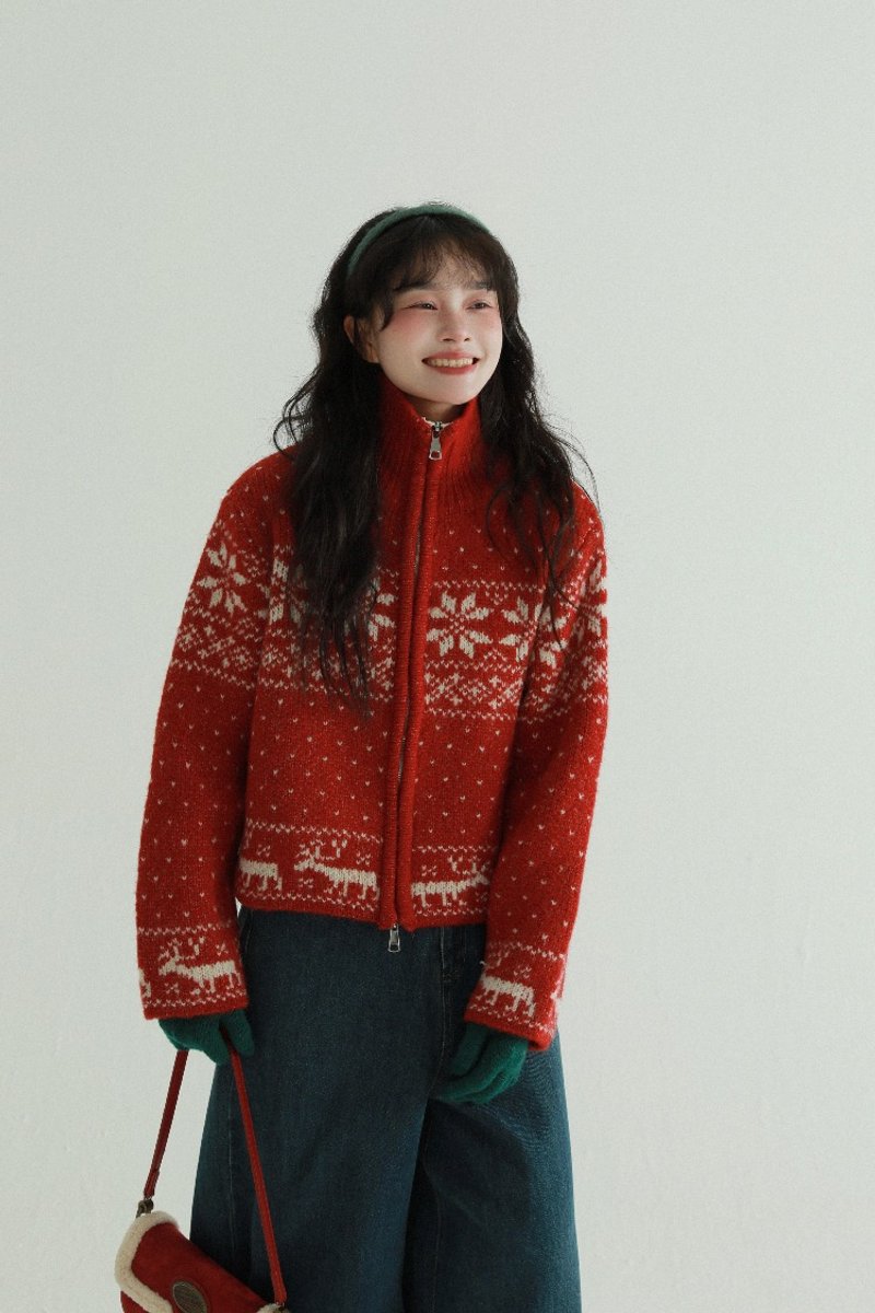 3-color snowflake Christmas stand-up collar zipper sweater literary retro autumn and winter knitted cardigan jacket top - สเวตเตอร์ผู้หญิง - เส้นใยสังเคราะห์ สีแดง