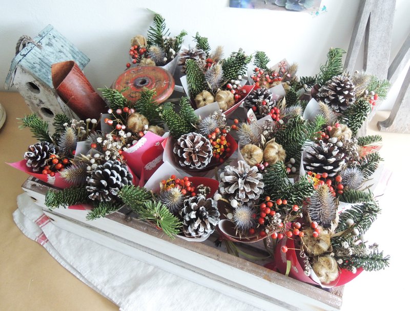 微甜‧圈 手作 限量 Xmas 耶誕限定 棉花 山芙蓉 白松果 諾貝松 山歸來 小銀果 白蠟菊 紫薊 蔓梅擬 迷你小木棉 迷你花束 交換禮物 耶誕節 - 盆栽/植栽 - 植物．花 綠色