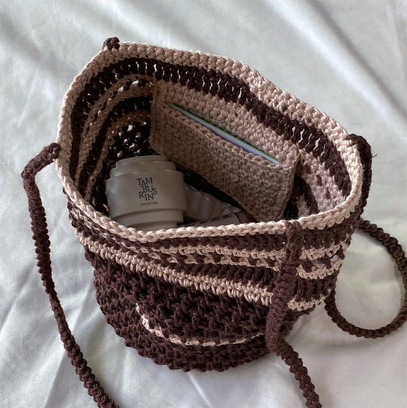 Summer Linen Stripe Vacation Beach Net Bag shoulder bag - 手提包/手提袋 - 棉．麻 咖啡色
