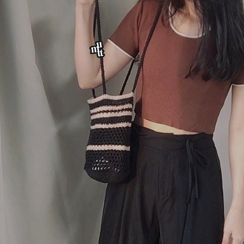 Summer Linen Stripe Vacation Beach Net Bag shoulder bag - 手提包/手提袋 - 棉．麻 咖啡色