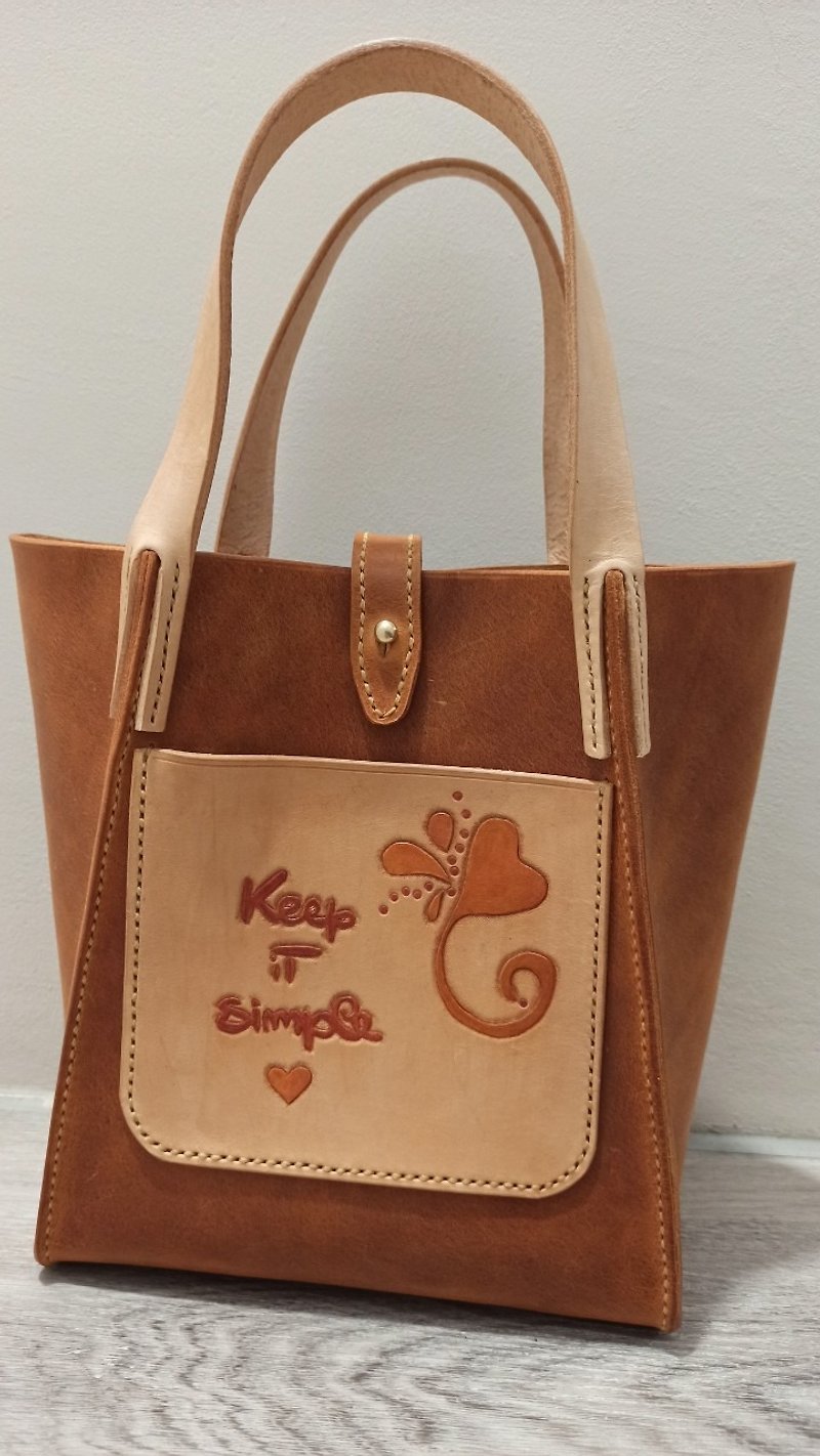 Caramel leather two-tone cute handbag - กระเป๋าถือ - หนังแท้ สีนำ้ตาล