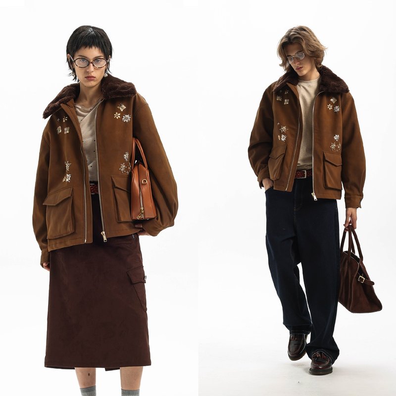 [Hand-made bead embroidery] Unvesno (UN) miu style leather detachable imitation mink fur collar warm cotton jacket - Men's Coats & Jackets - Other Materials 