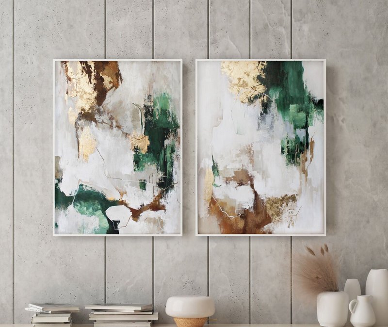 Green abstract painting | Abstract Green Set 2 | Green wall art | Green Flux Set - 壁貼/牆壁裝飾 - 棉．麻 綠色