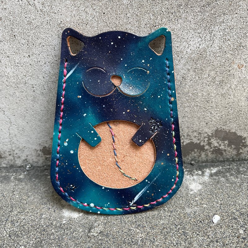 Hand-dyed starry sky series-blue starry sky cat card holder ID holder-Christmas Valentine's Day commuting - ID & Badge Holders - Genuine Leather Blue