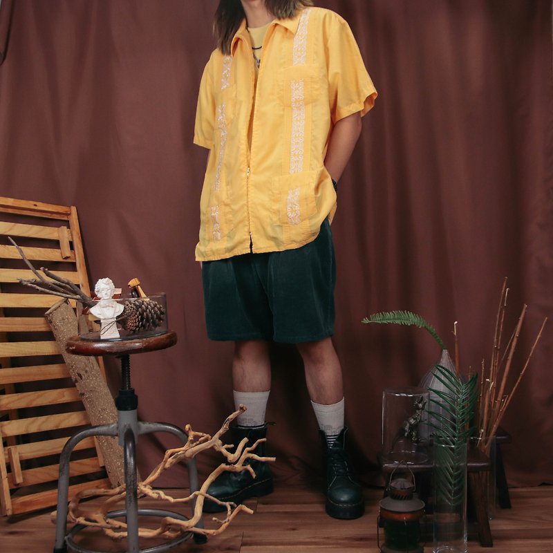 古巴襯衫003鵝黃色 ,刺繡 古巴領  Guayabera【Tsubasa.Y古著屋】 - 男裝 恤衫 - 棉．麻 黃色