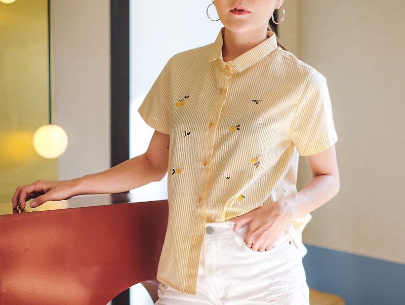 夏日檸檬刺繡牛津棉質襯衫 : 黃色 S/M - 恤衫 - 棉．麻 黃色