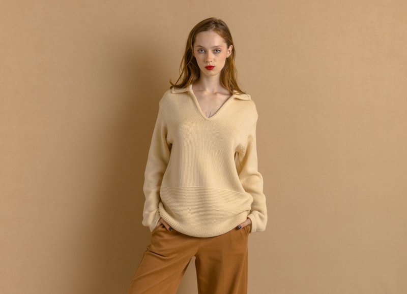 Wool pullover top, Knitted minimal beige woolen sweater Medium 7848 - 女毛衣/針織衫 - 羊毛 卡其色