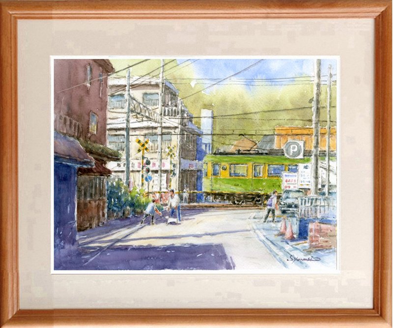 水彩画原画　江ノ電・稲村ヶ崎駅前踏切風景 - 海報/掛畫/掛布 - 紙 綠色