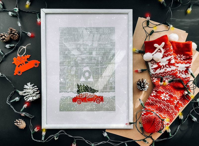 Linocut print Christmas tree Red retro car Winter city wall art 12x16 holidays - 海報/掛畫/掛布 - 紙 灰色