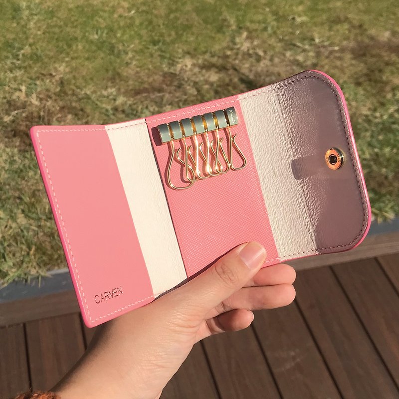 【Key Holder】Pink Saffiano | Moving Gift | Handmade Leather in Hong Kong - ที่ห้อยกุญแจ - หนังแท้ สึชมพู