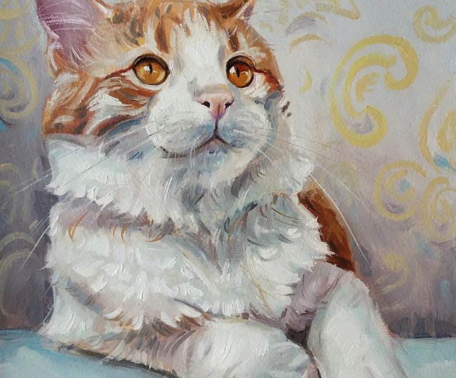 オリジナル油絵 白と赤のふわふわ猫 印象派 手描き - ショップ Diven 