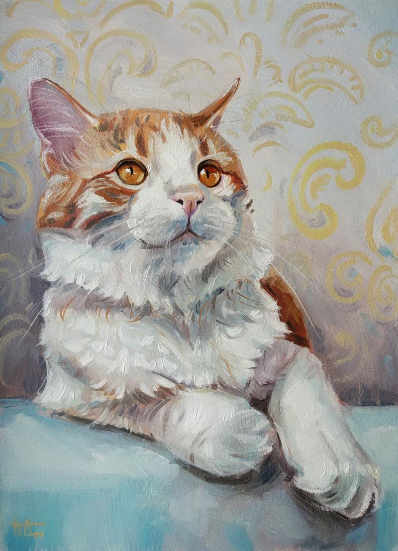 Original oil painting White and red fluffy cat Impressionism Hand painted - Posters - Paper Multicolor