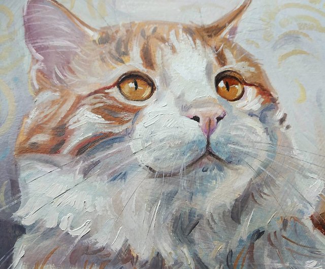 オリジナル油絵 白と赤のふわふわ猫 印象派 手描き - ショップ Diven