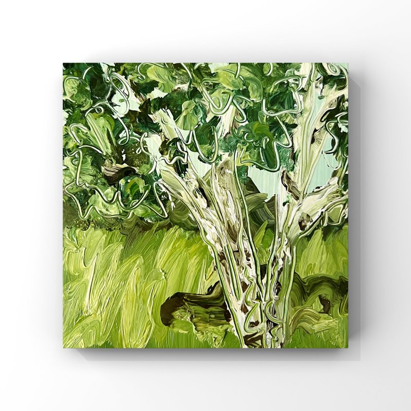 Birch Tree Oil Painting Abstract Green Trees Art Greenery Summer Landscape 4inch - 海報/掛畫/掛布 - 其他材質 綠色