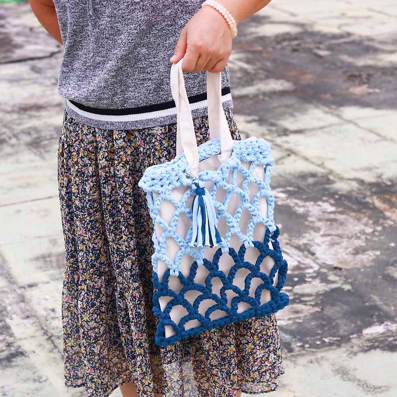 Hollow crochet side back eco-friendly bag-blue - Messenger Bags & Sling Bags - Cotton & Hemp Blue