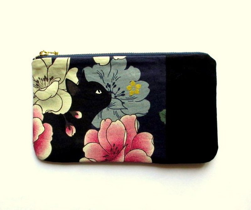 Black cat pouch F - กระเป๋าเครื่องสำอาง - ผ้าฝ้าย/ผ้าลินิน สีน้ำเงิน