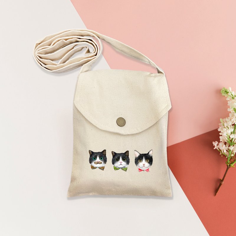 貓咪多圖鈕扣斜背袋-貓貓背袋/小背包/環保手機背袋/斜背袋 - 手提包/手提袋 - 環保材質 白色