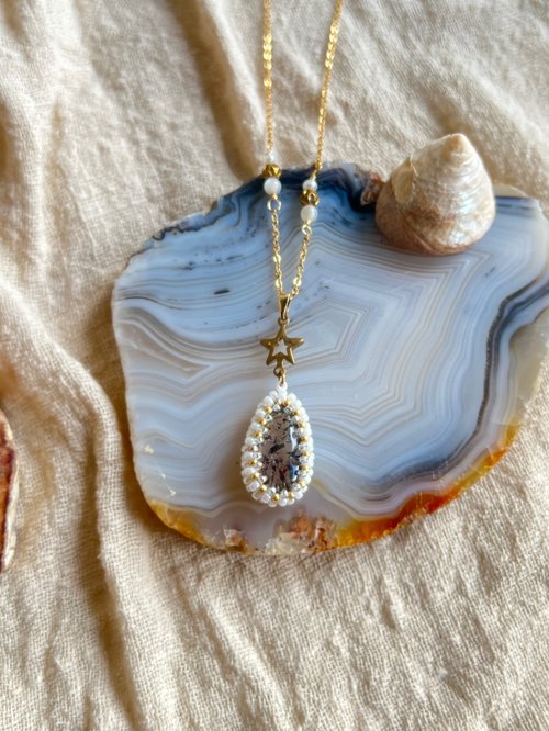 Vs Workshop 雲母片水晶 簡約波希米亞風 玻璃米珠x天然石 串珠吊墜 配寶石鏈