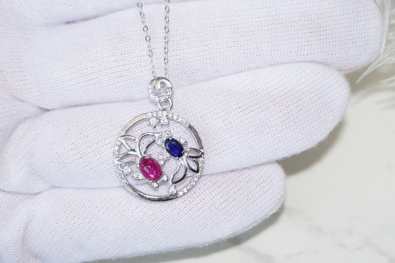 Natural Ruby and Blue Sapphire Pendant and Necklace Sterling Silver925. - 項鍊 - 純銀 紅色