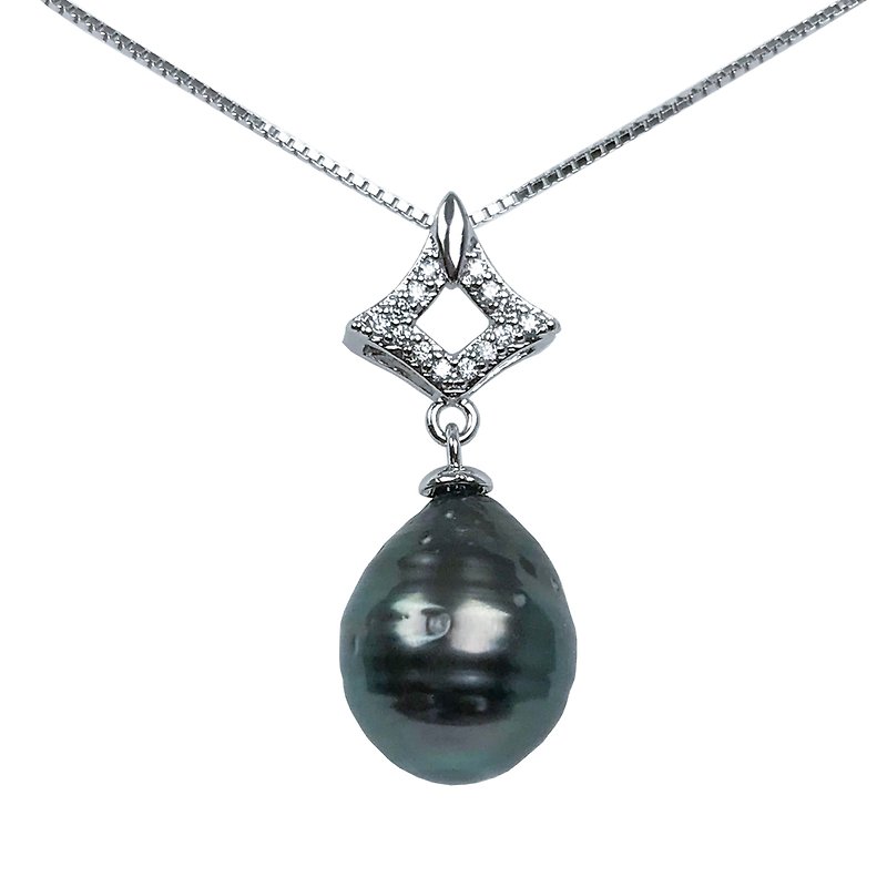 Rhombus Natural Peacock Green Ringed Tahitian Baroque Oval Pearl Silver Necklace - Necklaces - Pearl Green