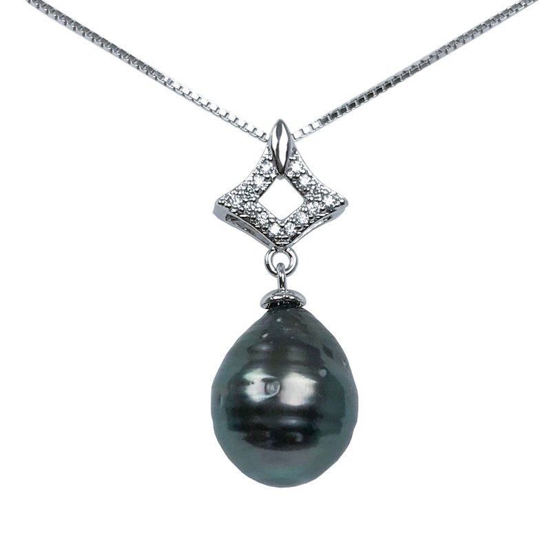 Rhombus Natural Peacock Green Ringed Tahitian Baroque Oval Pearl Silver Necklace - สร้อยคอ - ไข่มุก สีเขียว