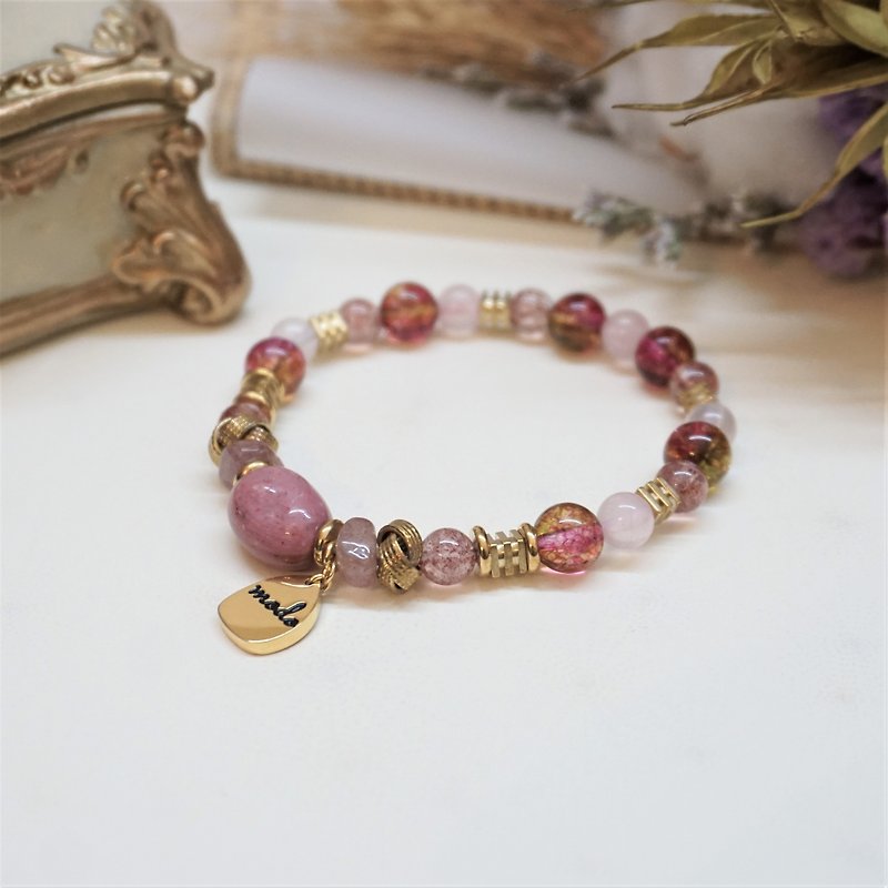 << 粉紅珠寶盒 - 天然石手環 >> 薔薇輝石 草莓晶 粉晶 黃銅手環 - 手鍊/手環 - 半寶石 粉紅色